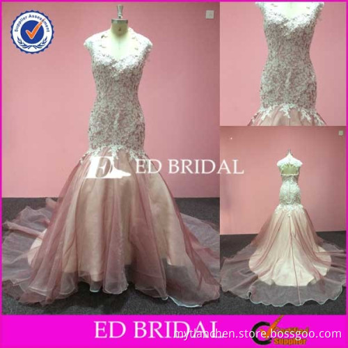 CE840 Cap Sleeve Appliques Lace Beaded Sexy Open Back Mermaid Pink Organza Wedding Gown Dress